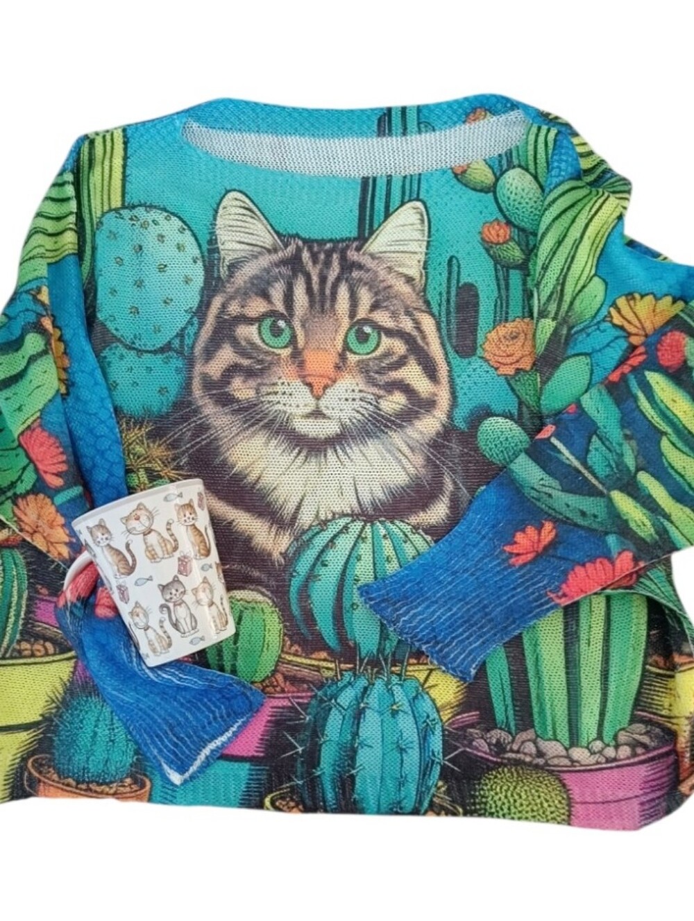 Vintage Turquoise & Green Cat Cactus Sweater with Cute Cats Mug